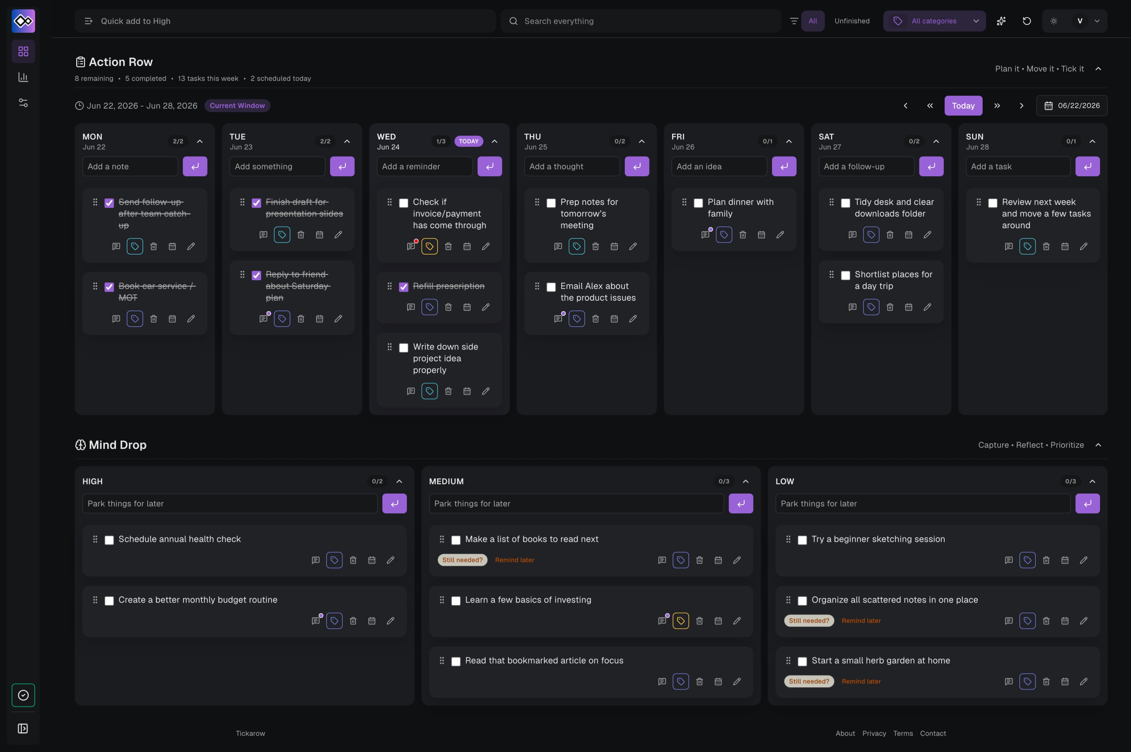 Tickarow dark mode app showing the Action Row and Mind Drop.